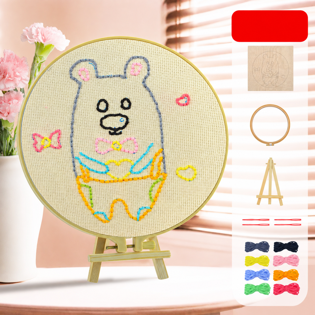 DIY Kids Embroidery Kit with Hoop, Stand & Colorful Yarn – Assorted Animal Designs