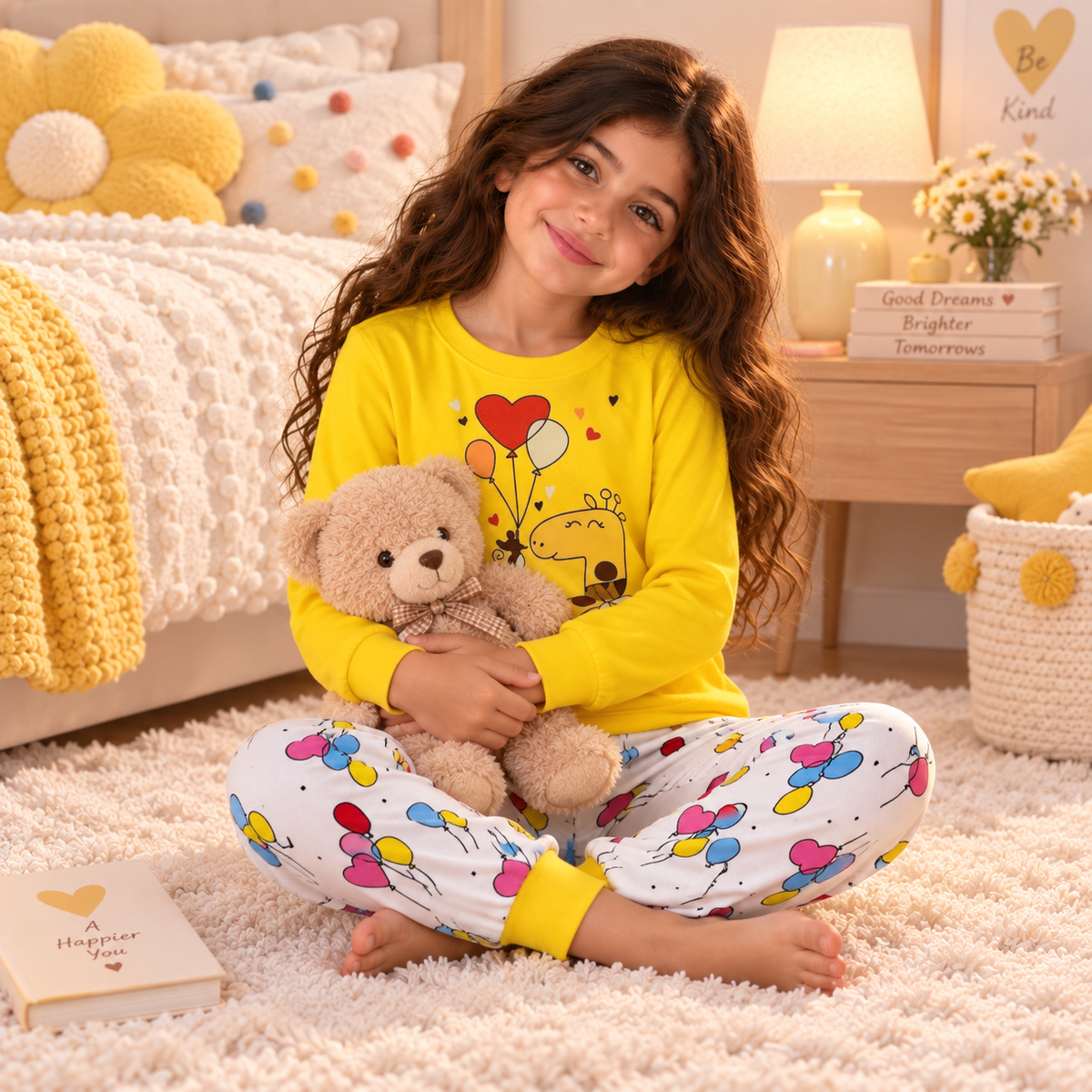 Girls’ 100% Cotton Giraffe & Balloons Pajama Set | 0–8Y