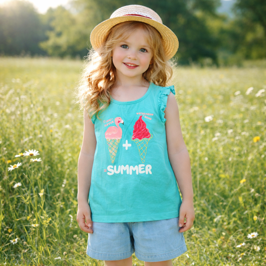 Top For Girls Summer Icecream Flamingo Design Size 3-4y