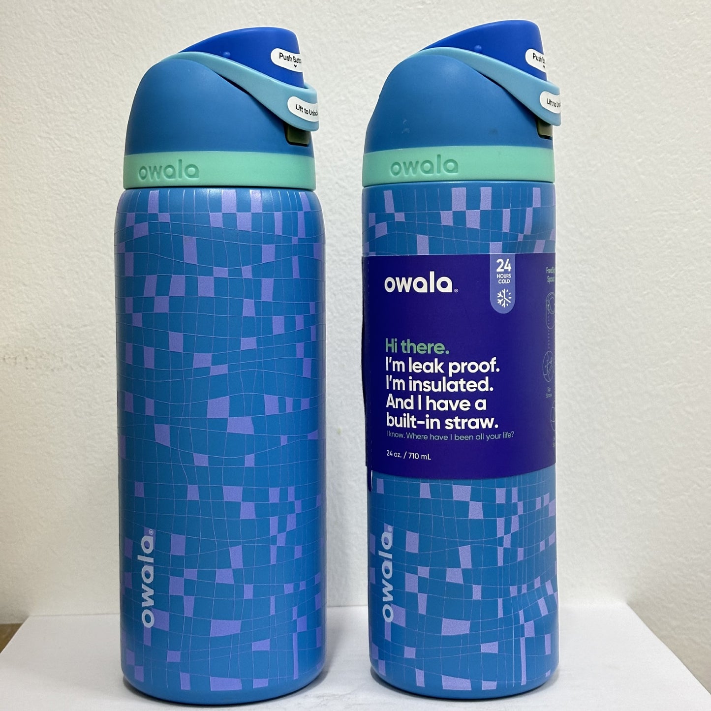 Owala Bottle Stainless Steel Free Sip Leak-proof Blue With Purple Squares 710-950ml