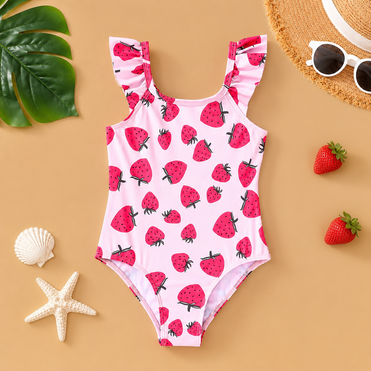 Girl Strawberry Print One-Piece Swimsuit | Size 4-7y