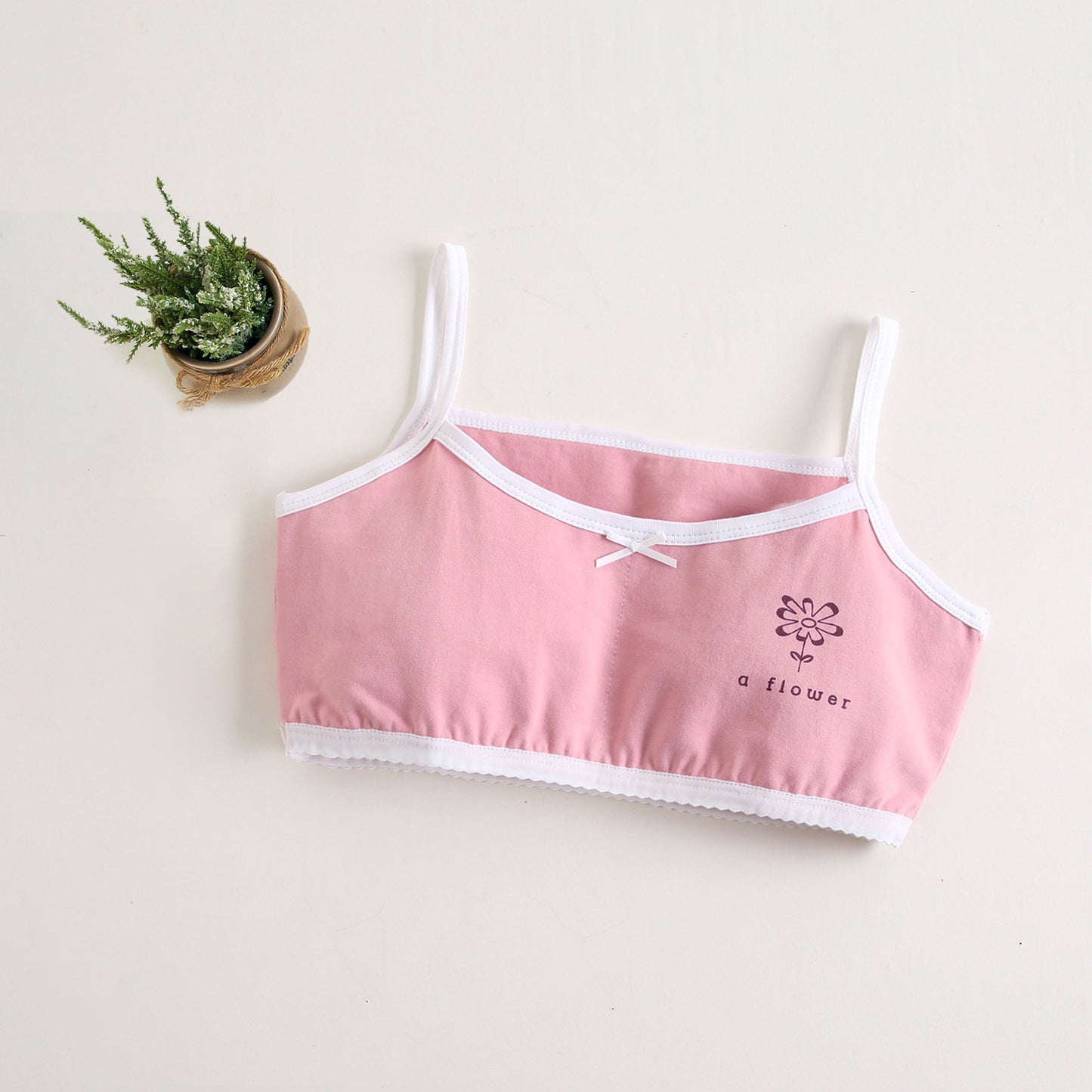 Girls Cotton Bras (4 pcs) – Thin Straps Pink Dots| Size 6–12Y