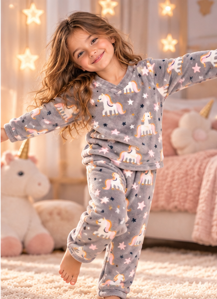 Kids’ Warm Unicorn Pajama Set – Grey | 1–16Y