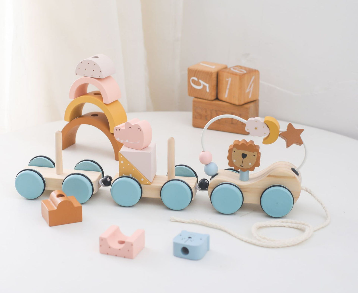 Montessori Wooden Pull Along Train Toy with Stacking Blocks