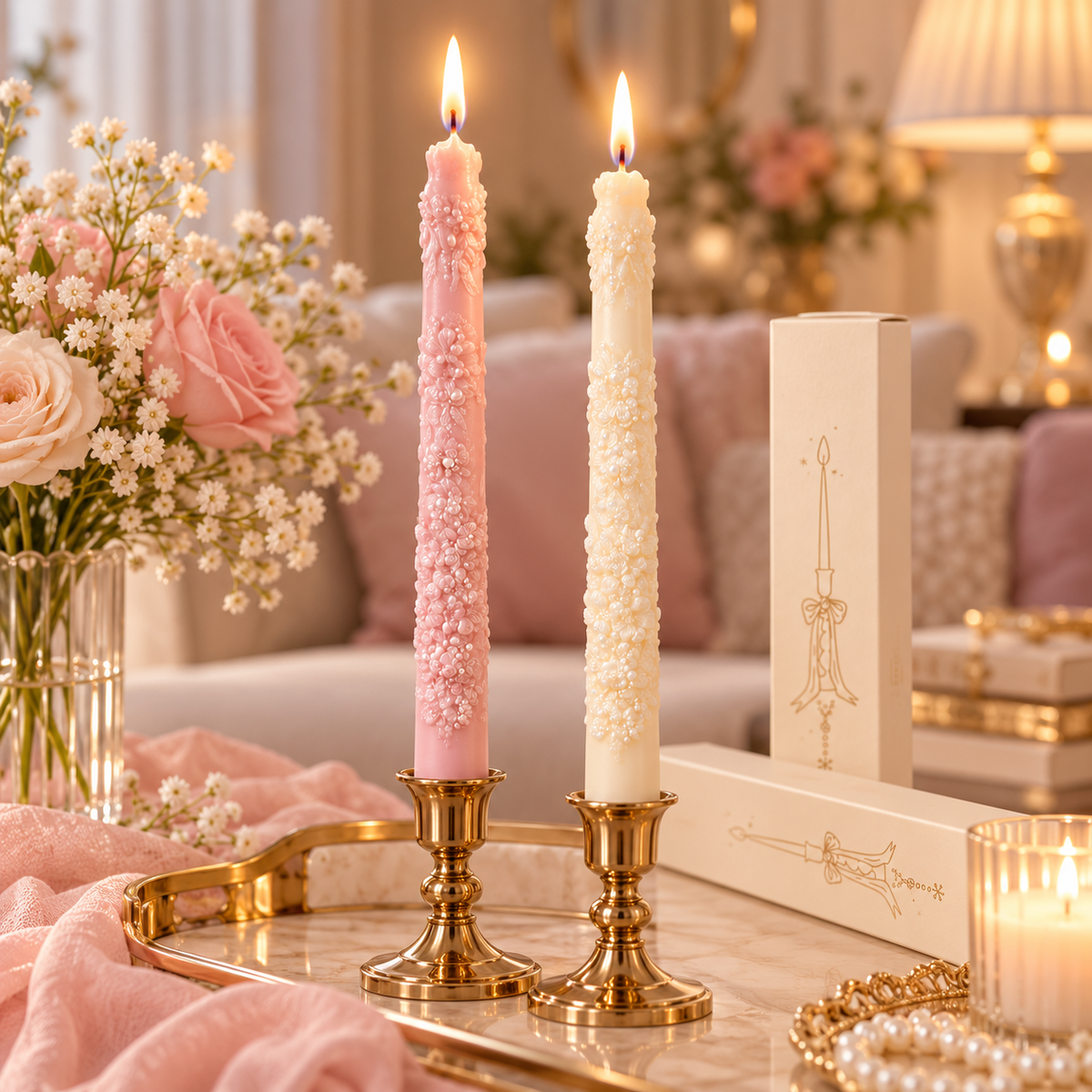 Elegant Floral Taper Candle | 2 Colors