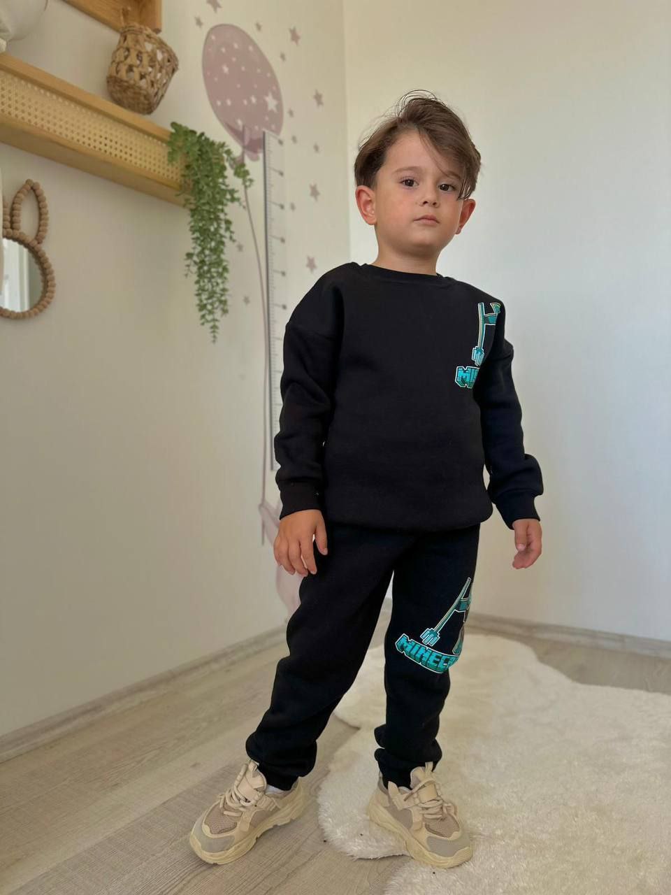 Blue Minecraft Outfit Cotton Qith Fleece 3-10y