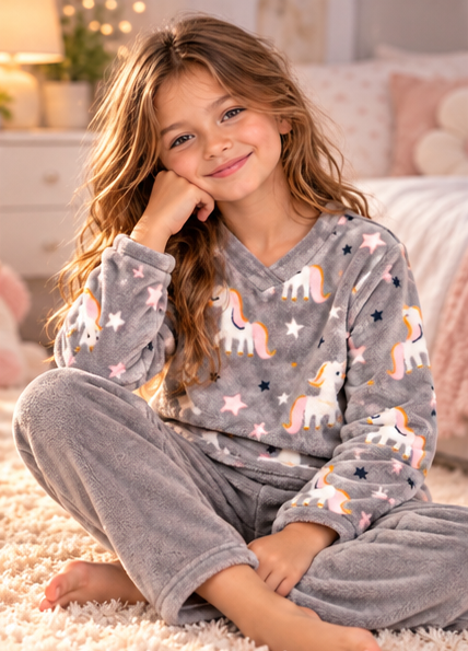 Kids’ Warm Unicorn Pajama Set – Grey | 1–16Y
