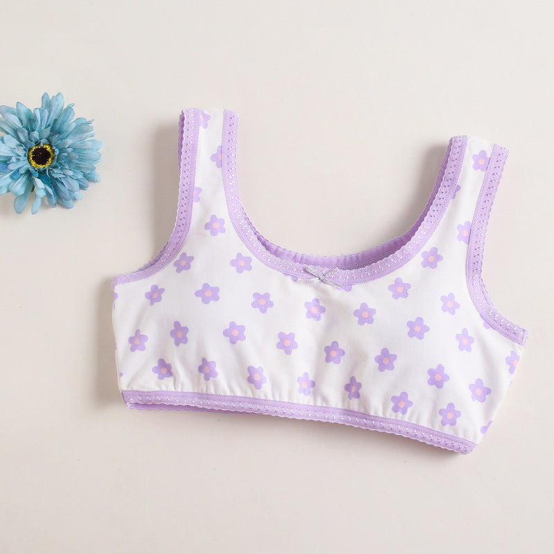 Girls Cotton Bras (4 pcs) – Wide Straps Purple Flower | Size 6–12Y