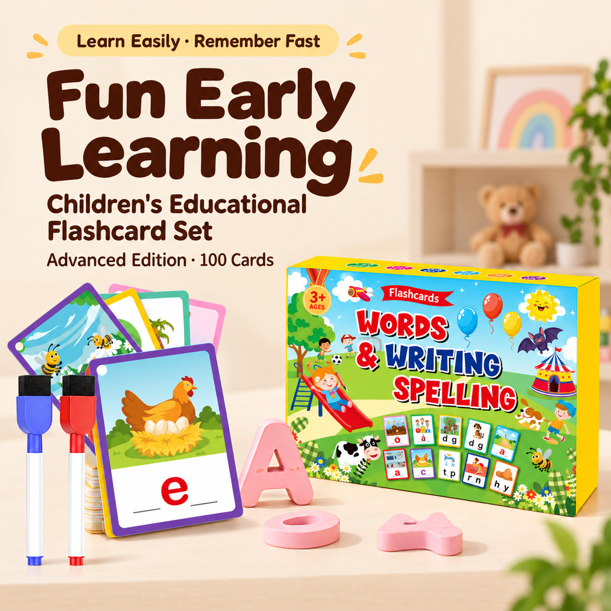 Words & Spelling Educational Flashcards Set – 100 Cards + 4 Pens | 3+| Size 13×9×5.5cm