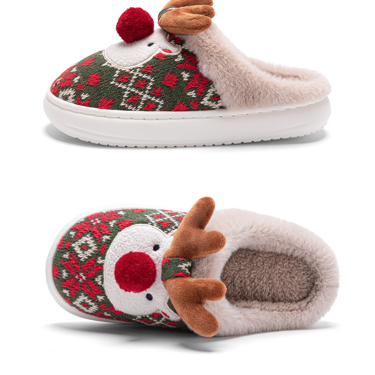 Christmas Reindeer Plush Slippers – Red & Green | 36–43