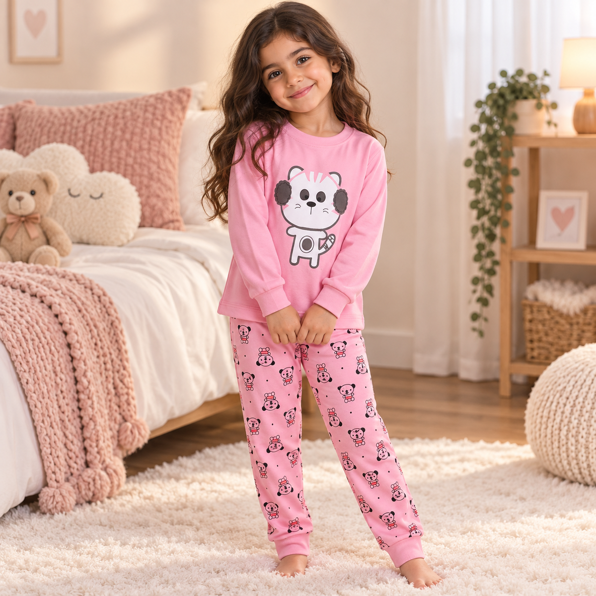 Girls’ 100% Cotton Cat Pajama Set | 1–6Y