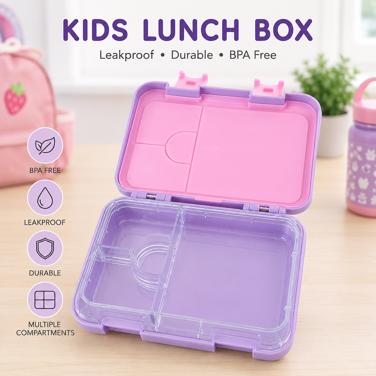 Premium Tritan Kids Lunch Box – Leakproof School Bento Box | Purple + Pink