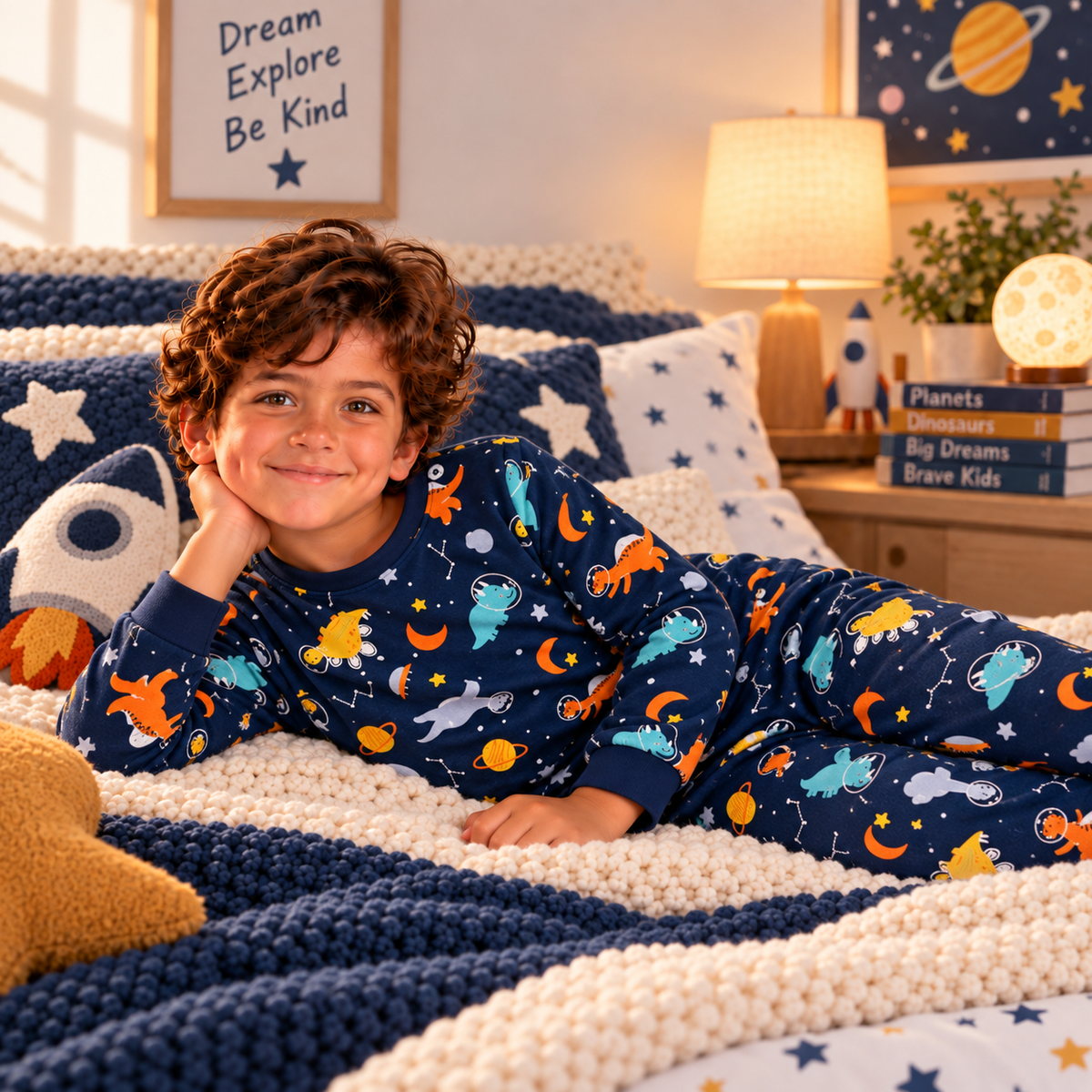 Boys’ 100% Cotton Space Dino Pajama Set | 0–8Y