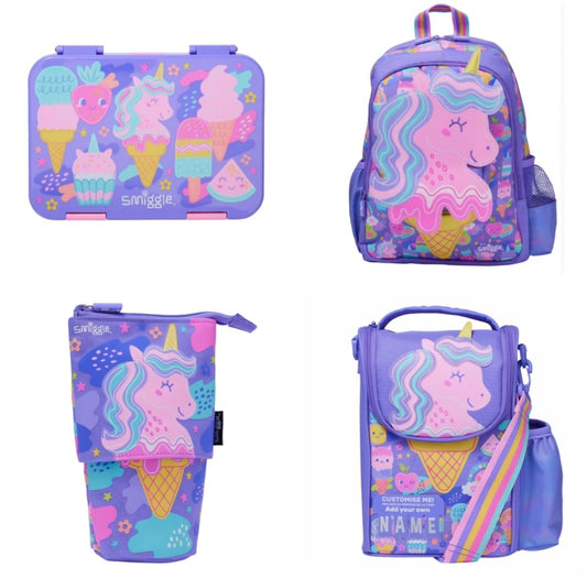 Smiggle Unicorn Design 3 pcs Set Backpack 38cm Lunch Bag Lunch Box Case