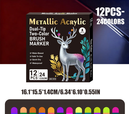 12PCS Metallic Acrylic Dual-Tip Brush Markers – 24 Colors