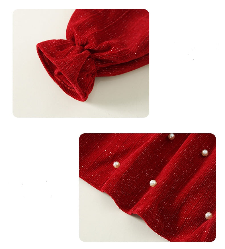 Girls' Burgundy Velvet Dress with Bow | 1–7Y