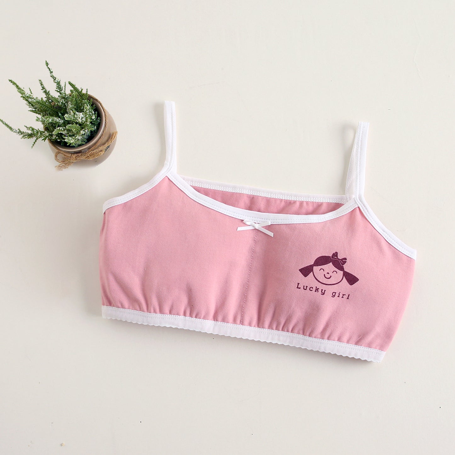 Girls Cotton Bras (4 pcs) – Thin Straps Pink Dots| Size 6–12Y