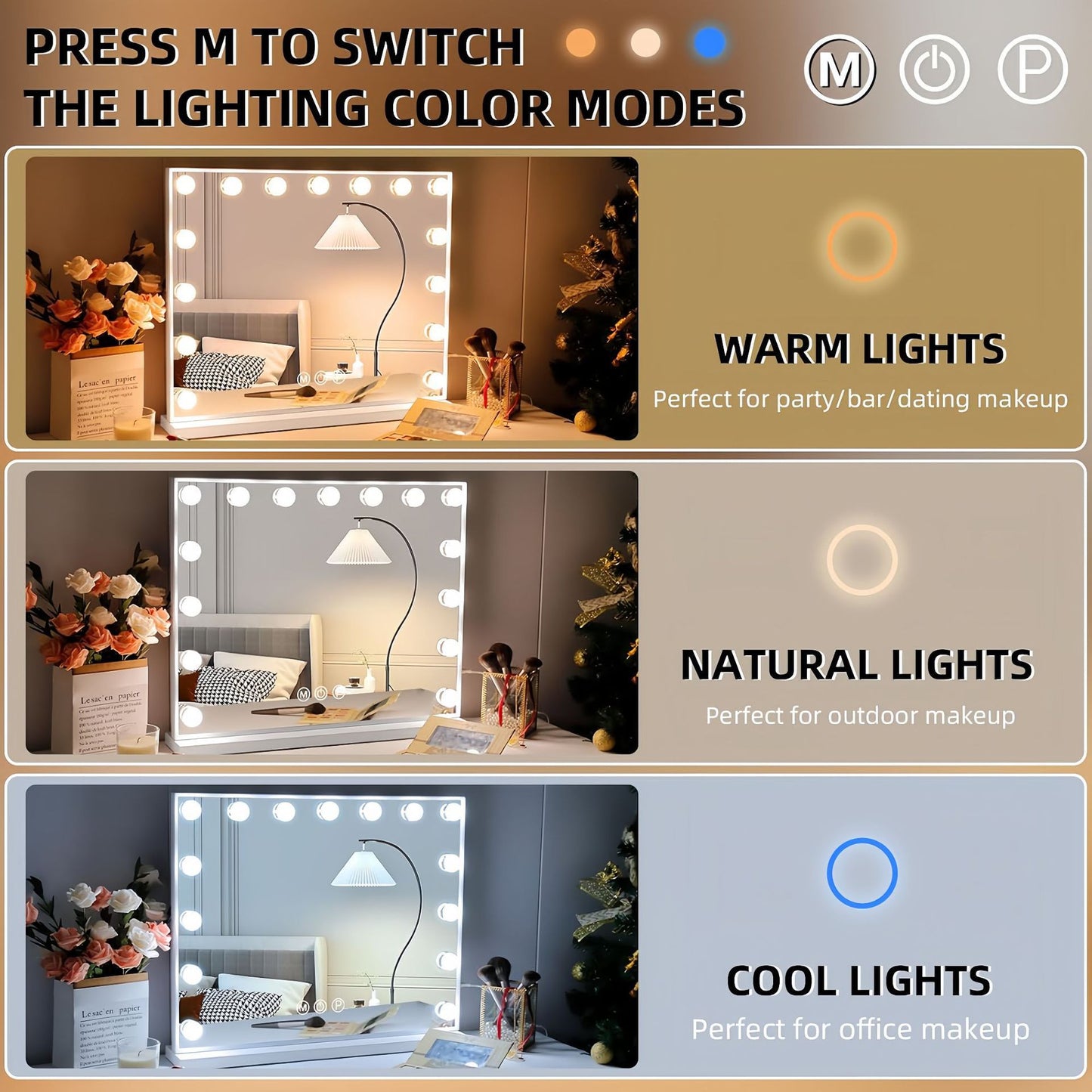 LED Makeup Mirror With Light Bulbs USB Charger 15 LEDS