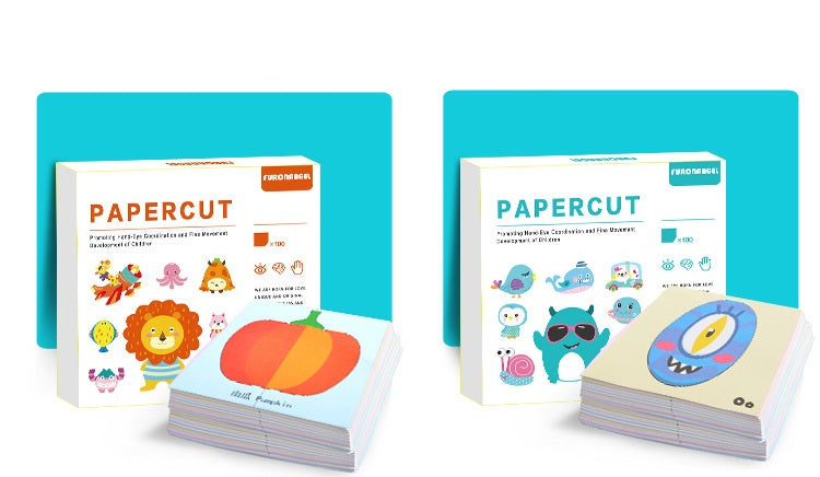 Kids Papercut Craft Kit – 100 Cutting Cards with Safe Scissors, Assorted Themes