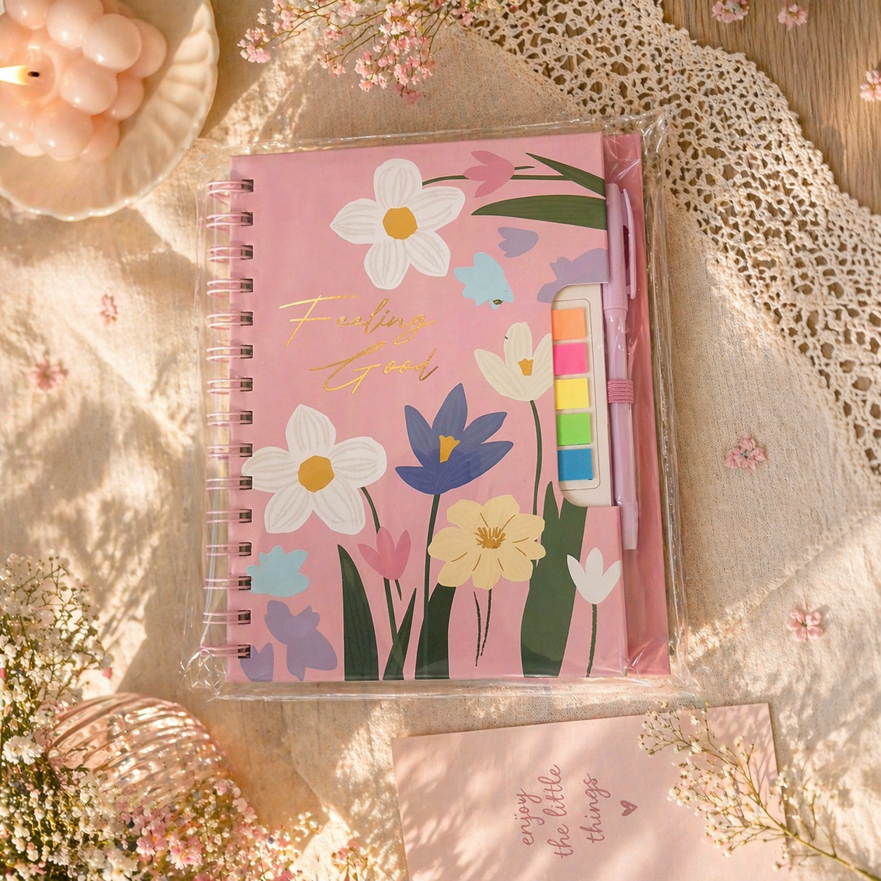 Floral Spiral Notebook Set with Sticky Notes & Pen A5