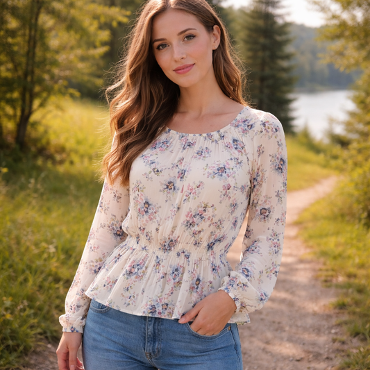 Cream Floral Long Sleeve Blouse Brand : Only Carmakoma Size XL