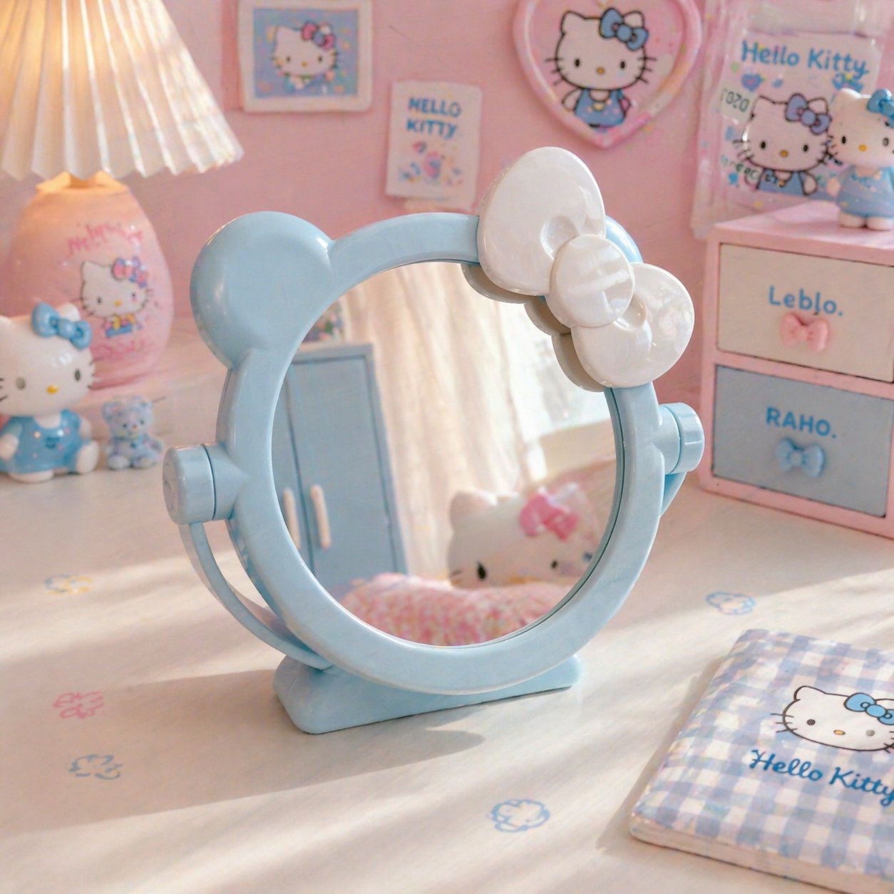 Cute Bear Bow Table Mirror – Pink & Blue