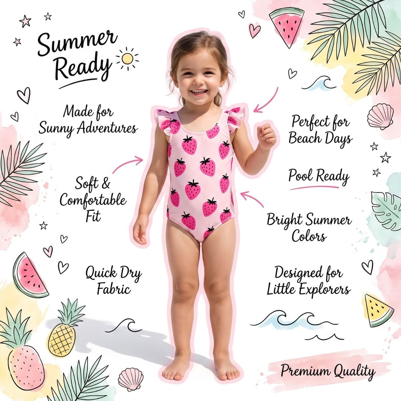 Girl Strawberry Print One-Piece Swimsuit | Size 4-7y