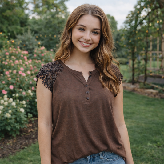 Brown Lace Sleeve Top for Women Size S-L