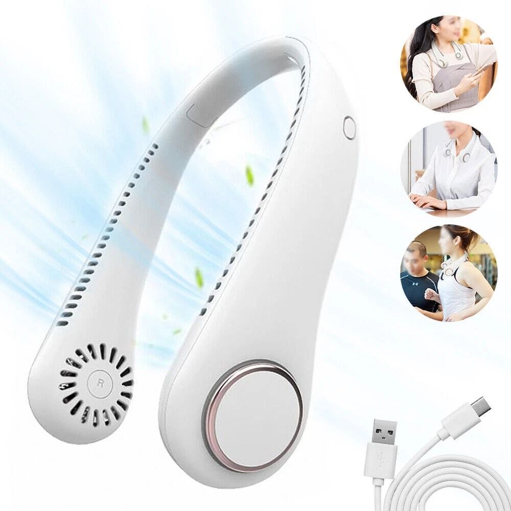 Folding Neck Hanging Charging Fan – White & Pink