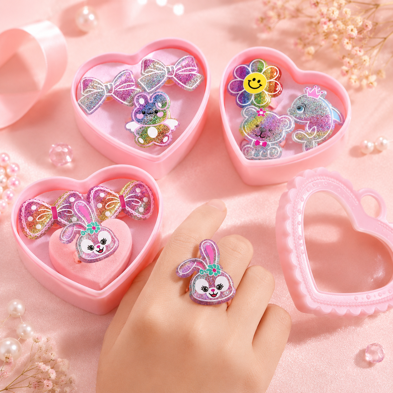 Girls Glitter Ring Set in Heart Gift Box 3 Designs | Ages 3+