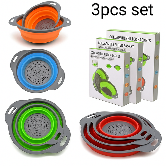3Pcs Set Collapsible Foldable Silicone Drain Colander Fruit Vegetable Strainer Basket