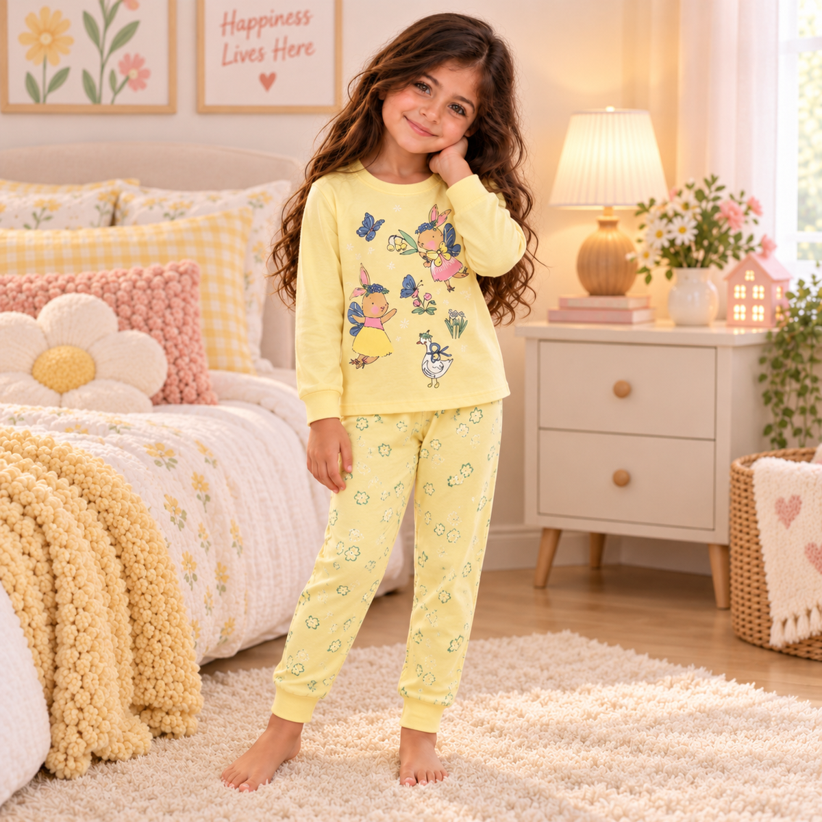 Girls’ 100% Cotton Bunny & Butterfly Pajama Set | 3–10Y
