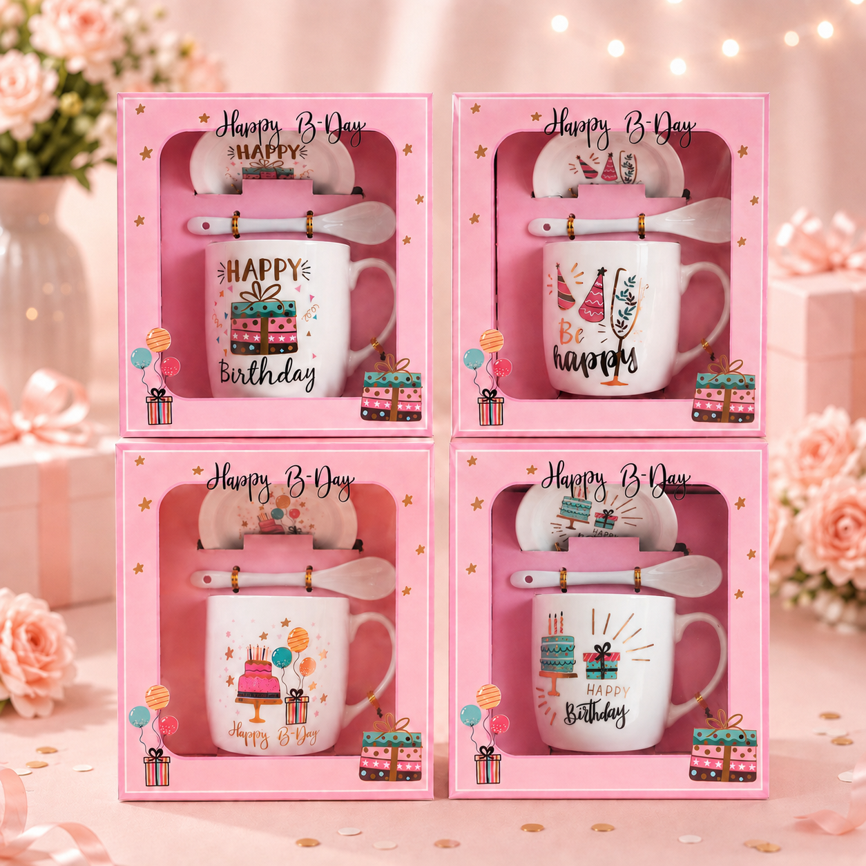 Happy Birthday Ceramic Mug Gift Set with Saucer & Spoon