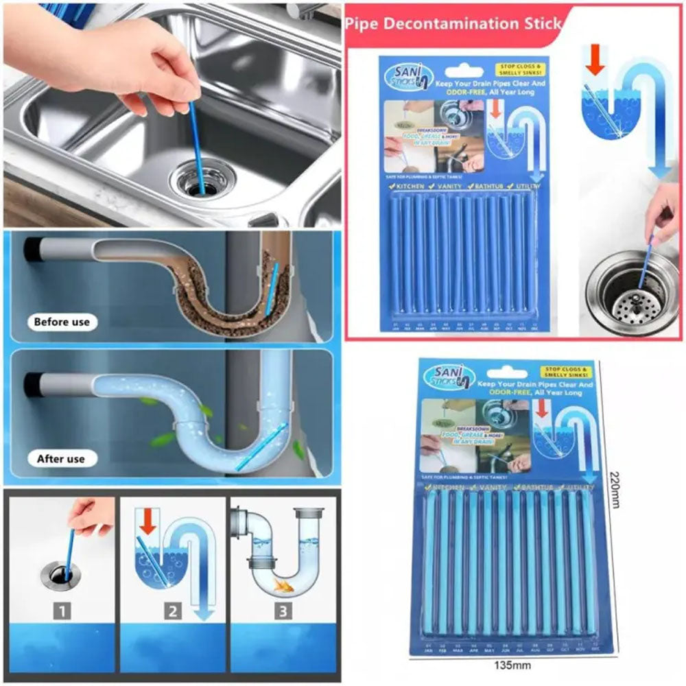 12 Pcs Sani Stick - Pipe Deodorizer Drain Cleaning | Clog Remover And Odours Eliminator