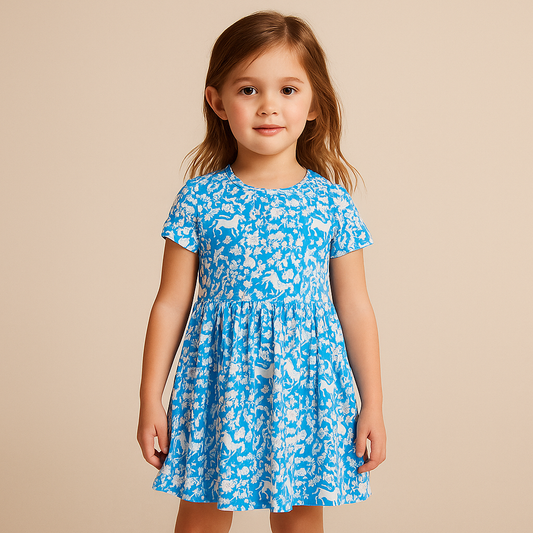 Blue Dress For Girls Cotton 100%Flower Animals Design Size 3-5y