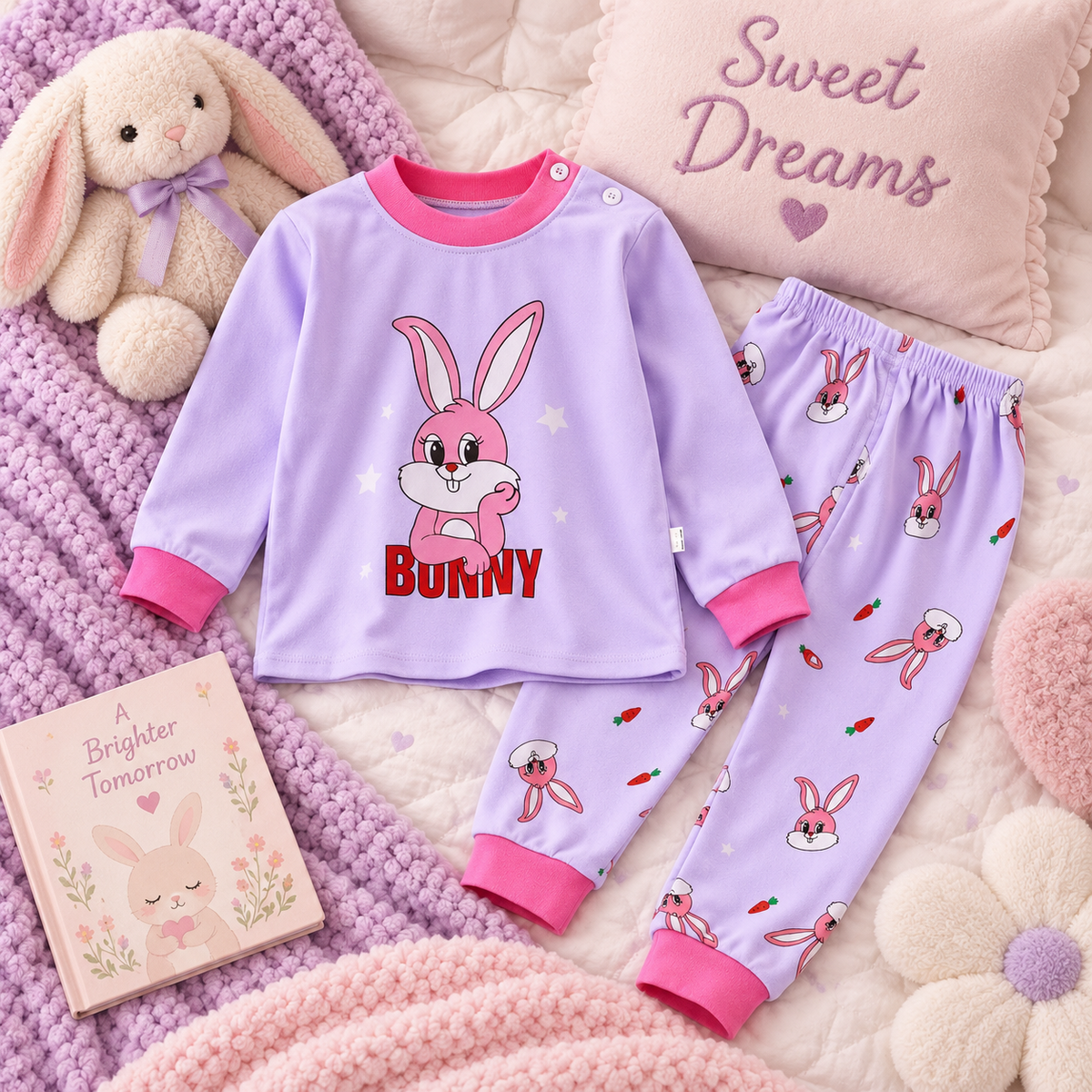 Girls’ 100% Cotton Bunny Pajama Set | 0–8Y
