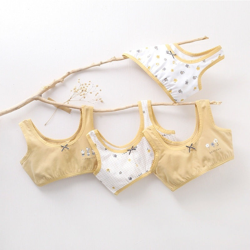 Girls Cotton Bras (4 Pcs) | Wide Starps Mustard Flower | 6-12y