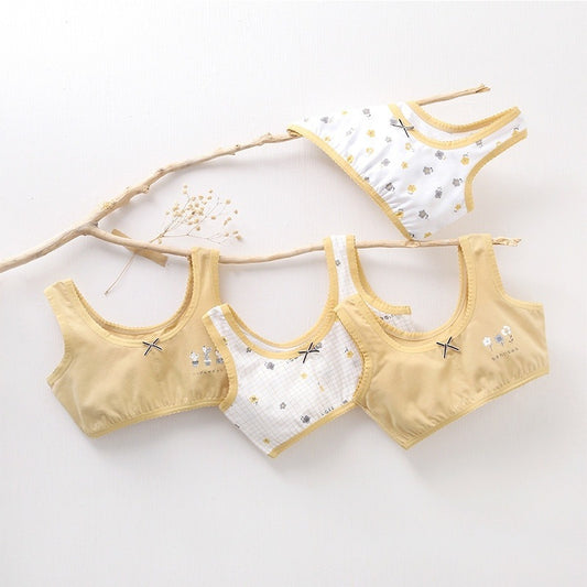 Girls Cotton Bras (4 Pcs) | Wide Starps Mustard Flower | 6-12y
