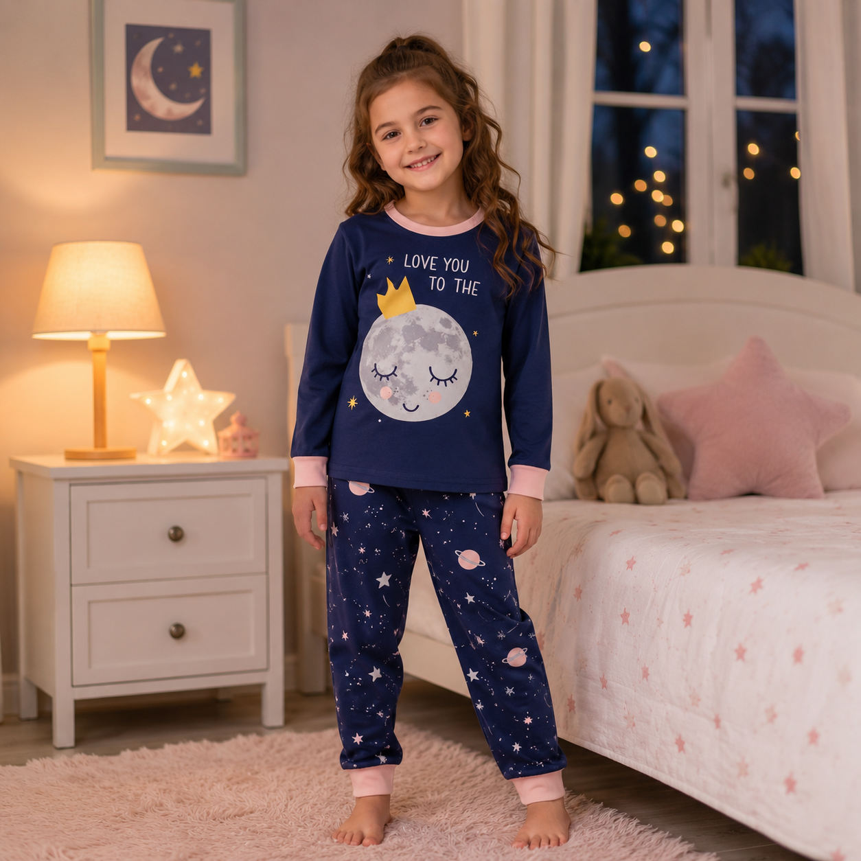 Girls Moon Print Pajama Set | Size 2-7y