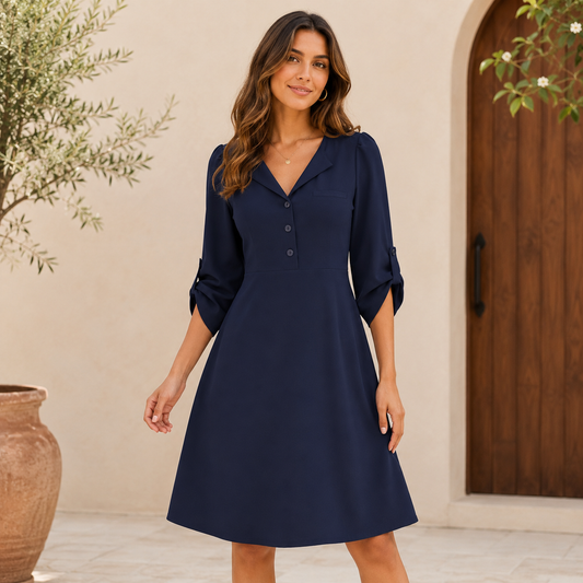 Elegant Navy Blue Midi Dress for Women | Size M