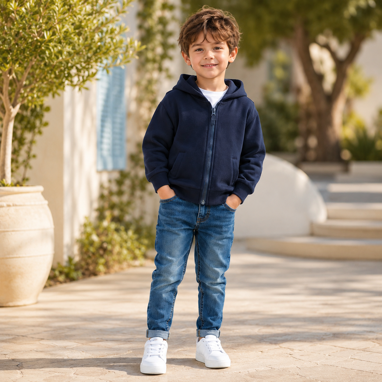 Boys Light Cotton Zip Hoodie – Navy Blue | Size 3-10y
