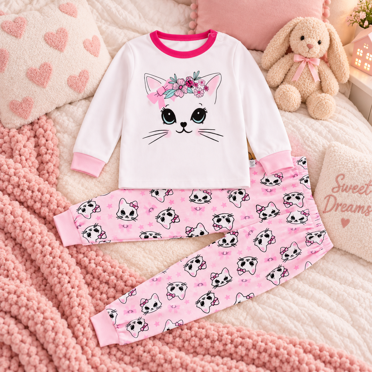 Girls’ 100% Cotton Flower Kitty Pajama Set | 0–8Y