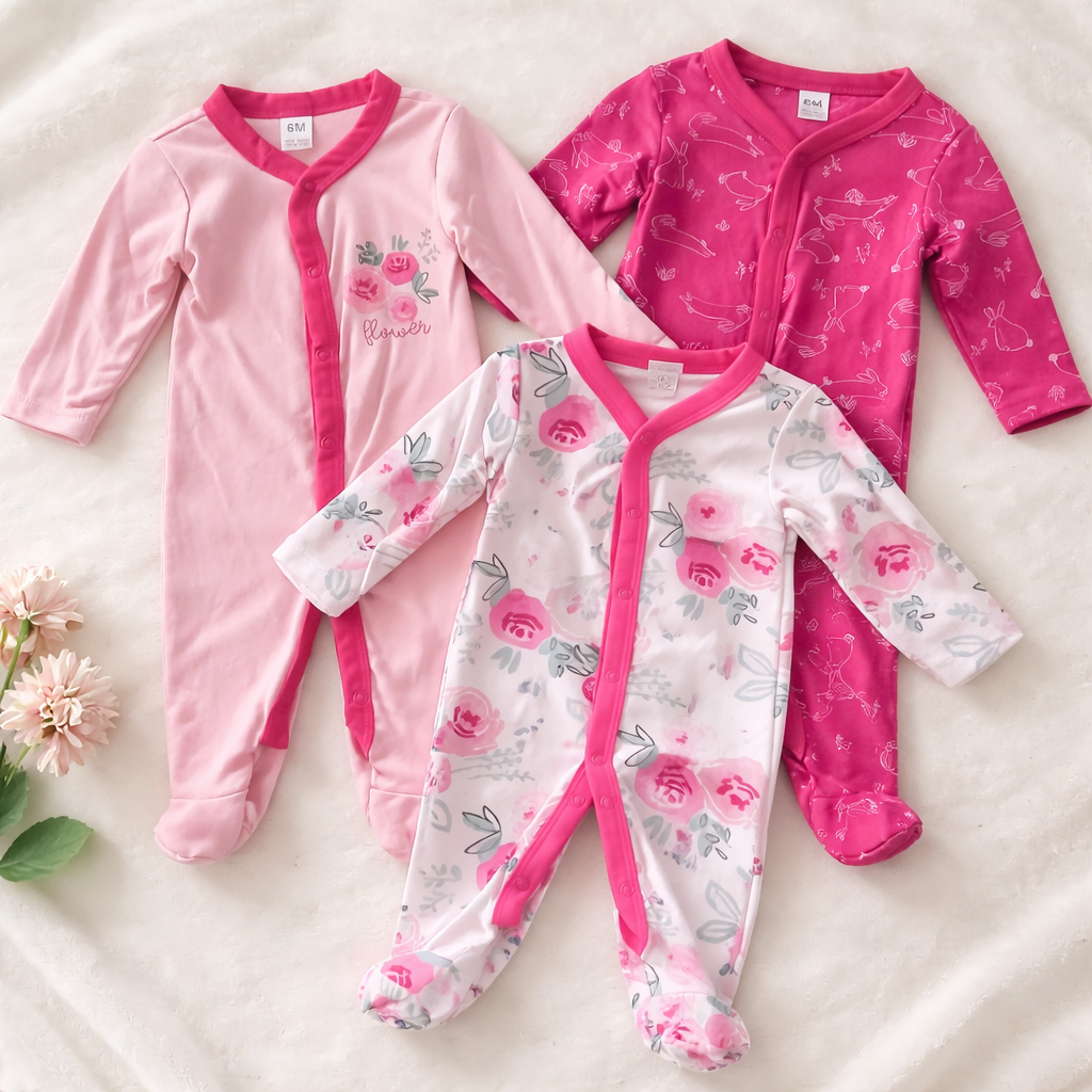Set Of 3 Pcs Girls Babywear Flower And Rabbit Design Size 6-12m Cotton