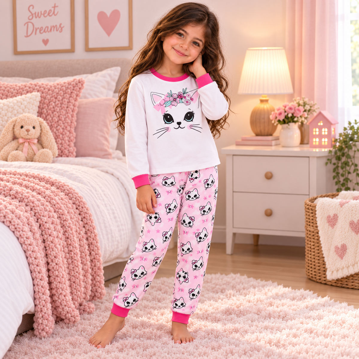 Girls’ 100% Cotton Flower Kitty Pajama Set | 0–8Y