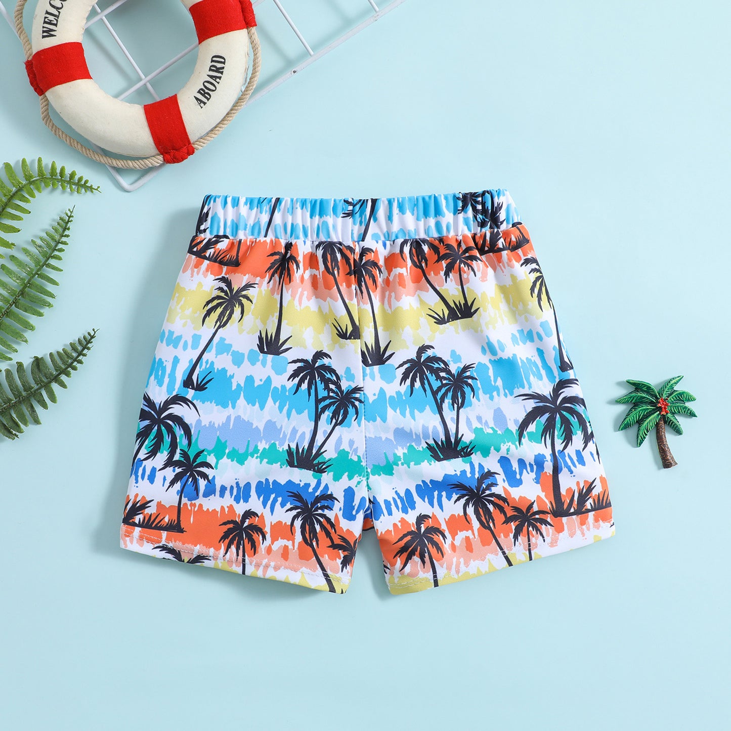 Kids Tropical Palm Tree Swim Shorts – Colorful Beach Print Size 6M-4Y