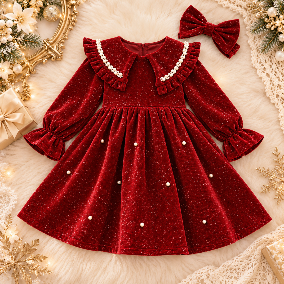 Girls' Burgundy Velvet Dress with Bow | 1–7Y
