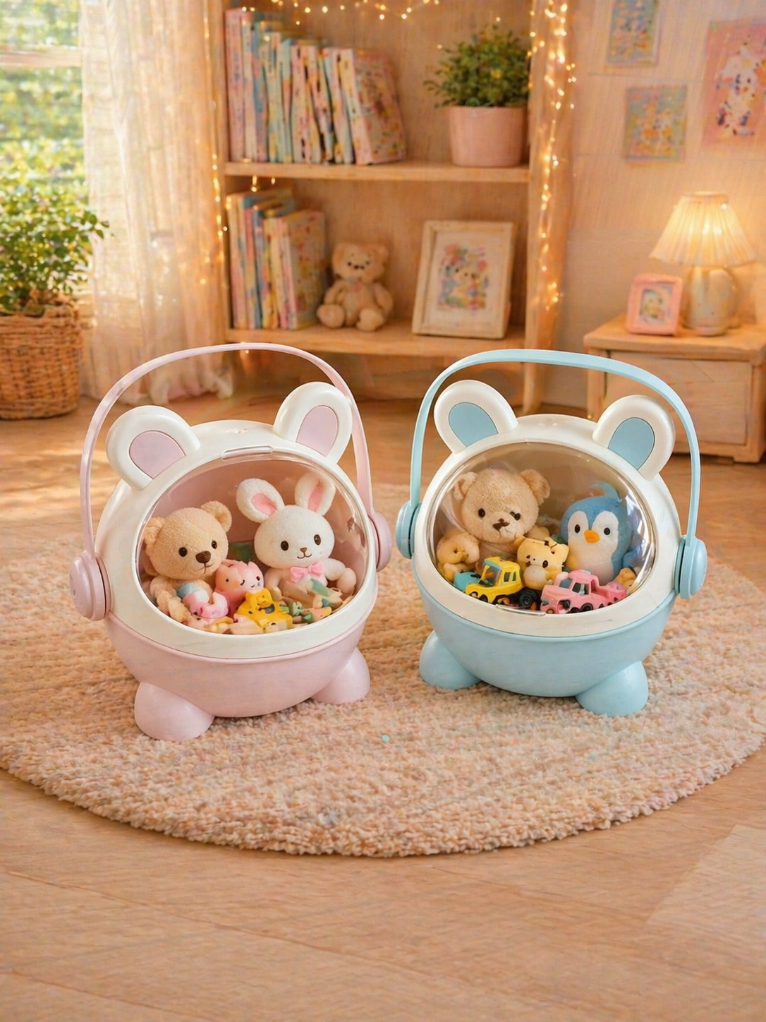 Cute Bear Ear Toy Storage Basket Set – Pink & Blue
