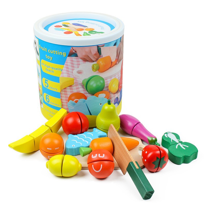 Wooden Fruit & Vegetable Cutting Play Set with Storage Bucket | 2+