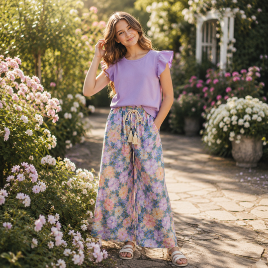 Wide Pants Purple Flowers Outfit | Size 4-14y