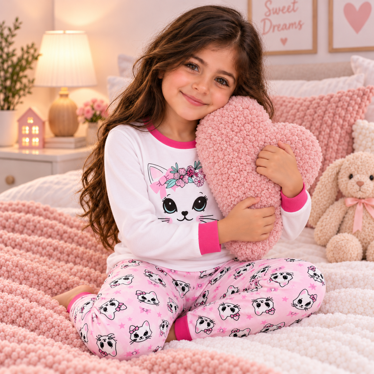 Girls’ 100% Cotton Flower Kitty Pajama Set | 0–8Y